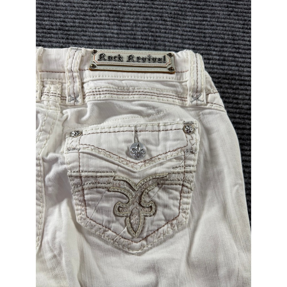 Rock Revival Agnaline White Distressed Skinny Jeans Womens 27 Low Rise Fleur Lis